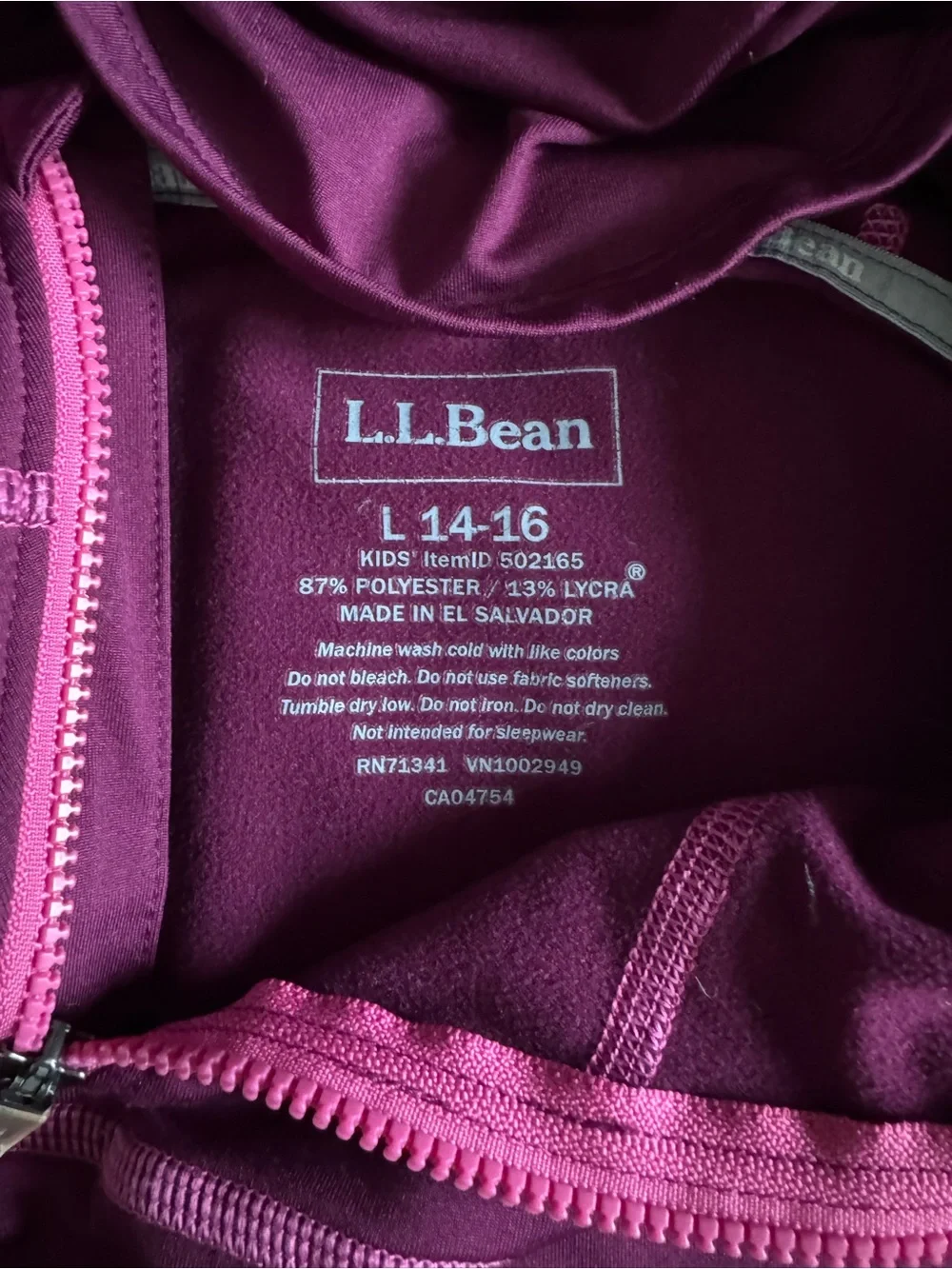 L.L. Bean Fleece Lined Performance Hoodie Pullover Purple Girls  Large 14-16